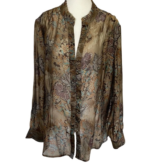 Brown Sheer Flower Design V-neck Button Up lightweight Blouse. Sz 2X - Picture 1 of 16